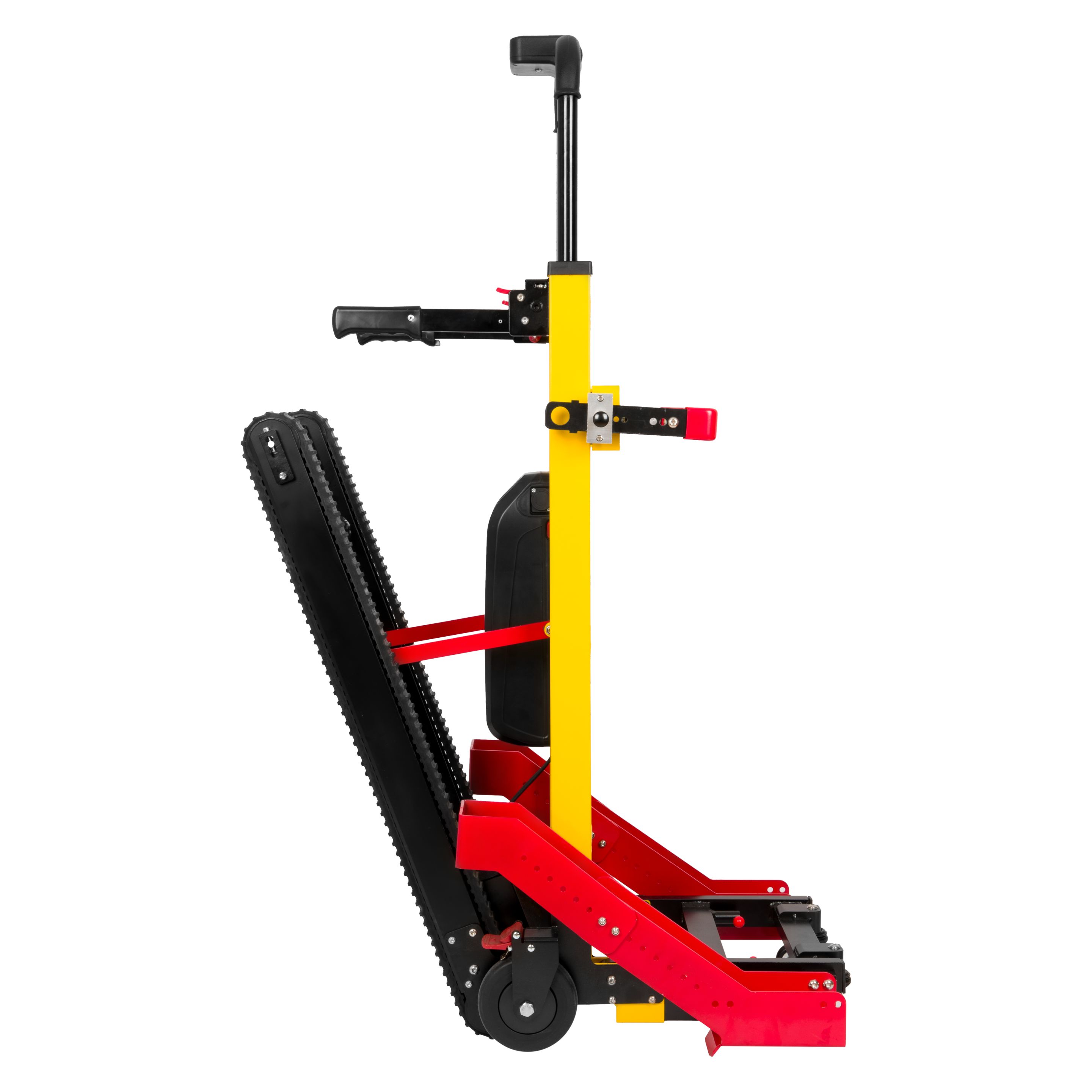 Krzesło ewakuacyjne elektryczne do transportu wózków inwalidzkich po schodach, widok boczny urządzenia z gąsienicami i regulowanymi uchwytami.